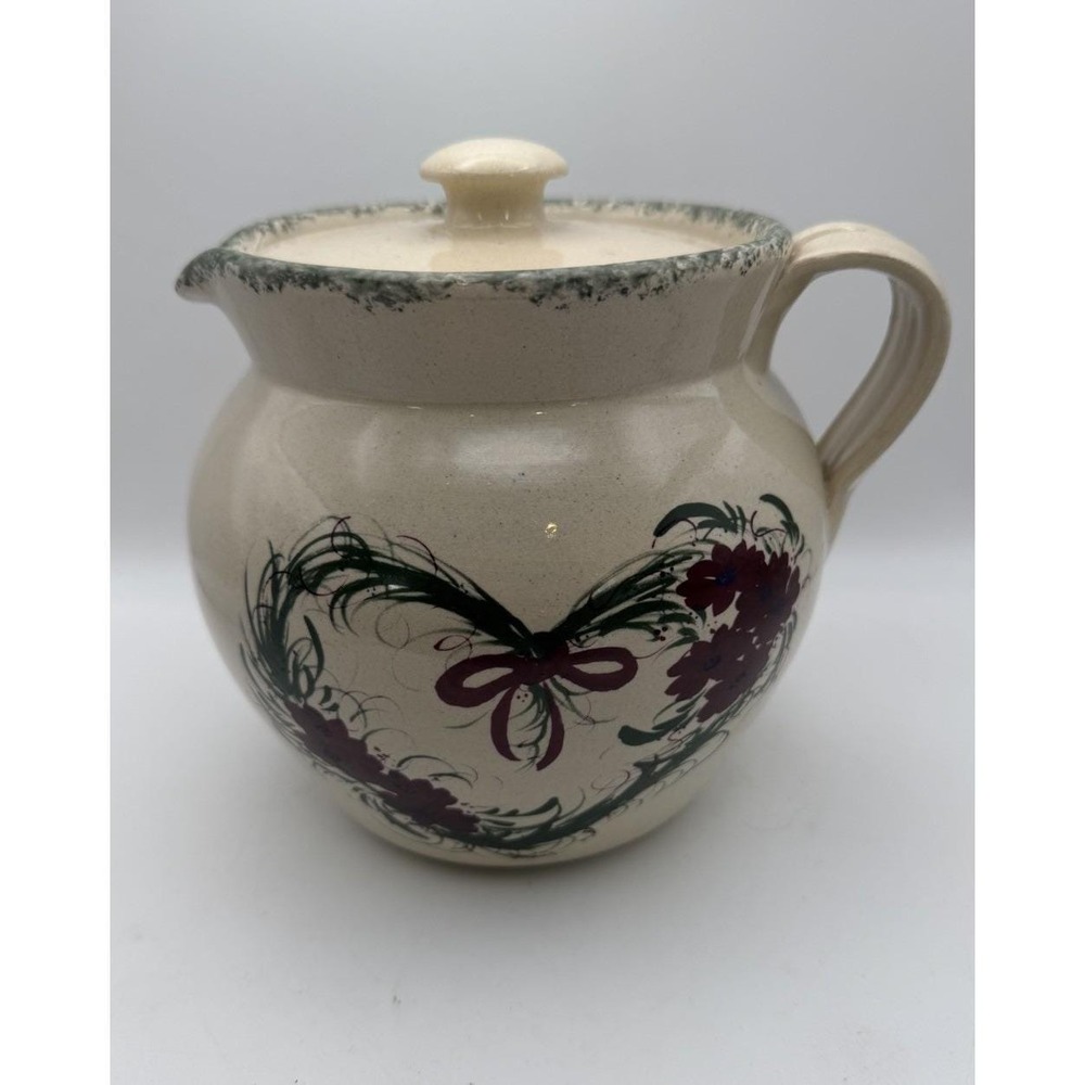 Casey Pottery Creamer w Lid Handmade USA Stoneware Wreath Farmhouse‎ 6.5"
